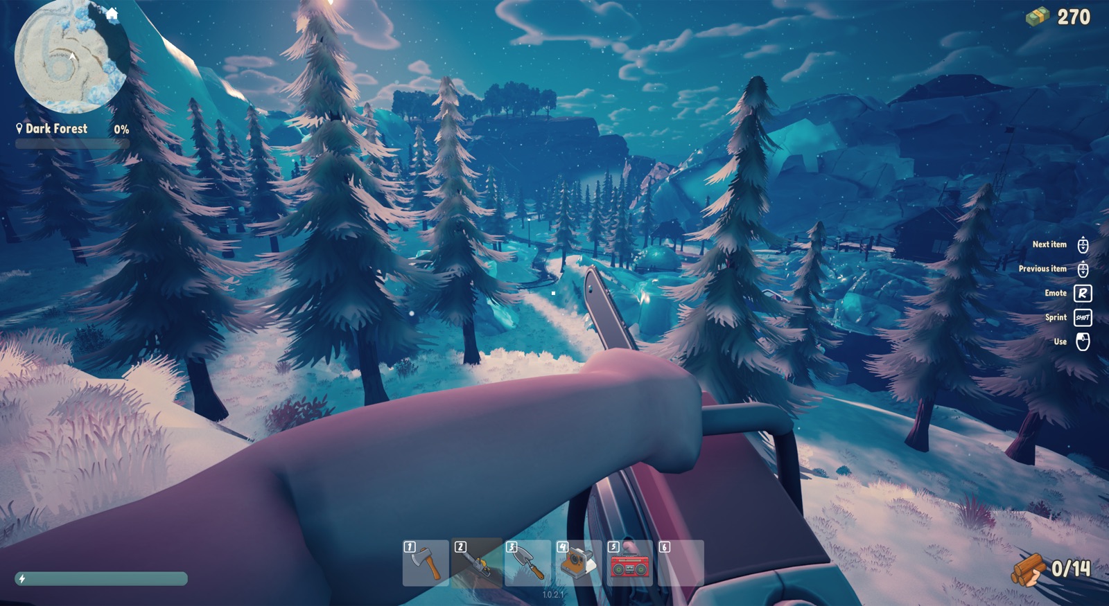 Dark Forest — snow-covered pines under a polar-lights night sky, the handcar gliding through on the rails