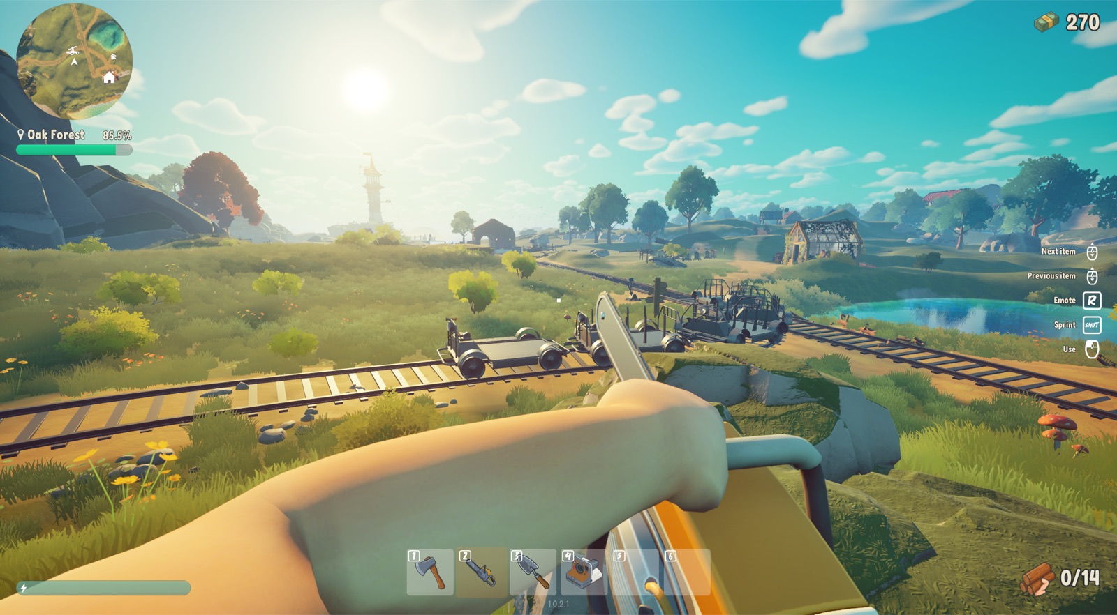 Oak Forest — the warm, sunny middle biome, handcar loaded on the rails and the lighthouse waiting across the valley
