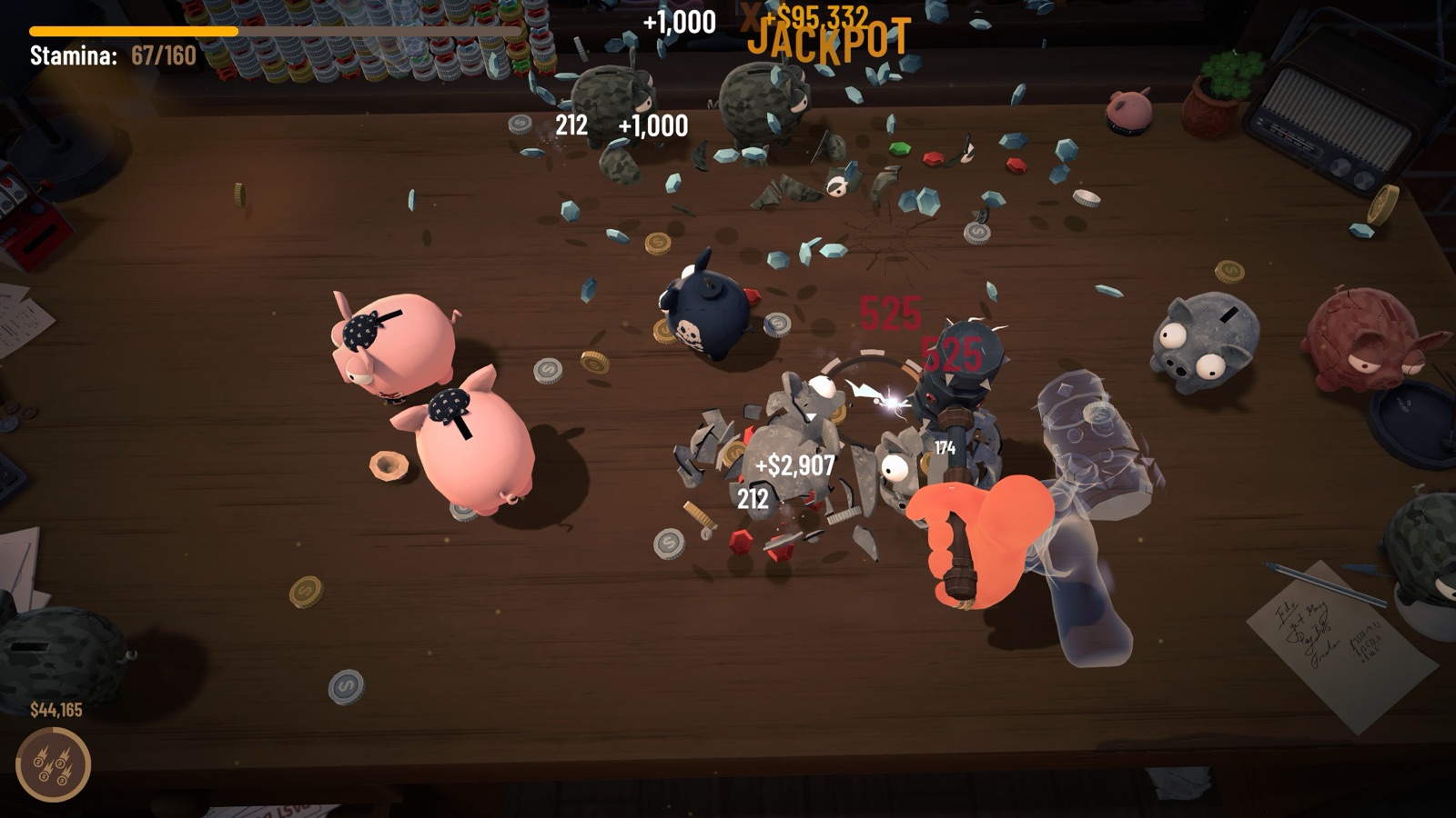 Late run — a +$95,332 jackpot, armored pigs, and crits in the hundreds