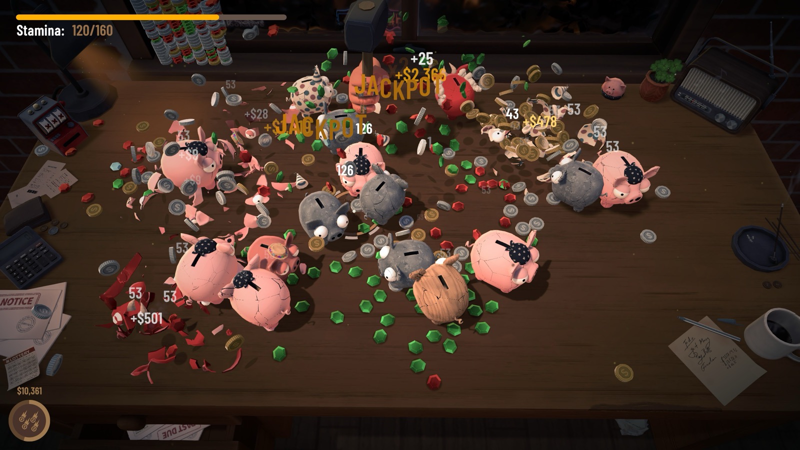 Mid-run swarm — more piggy banks than desk, $10k banked
