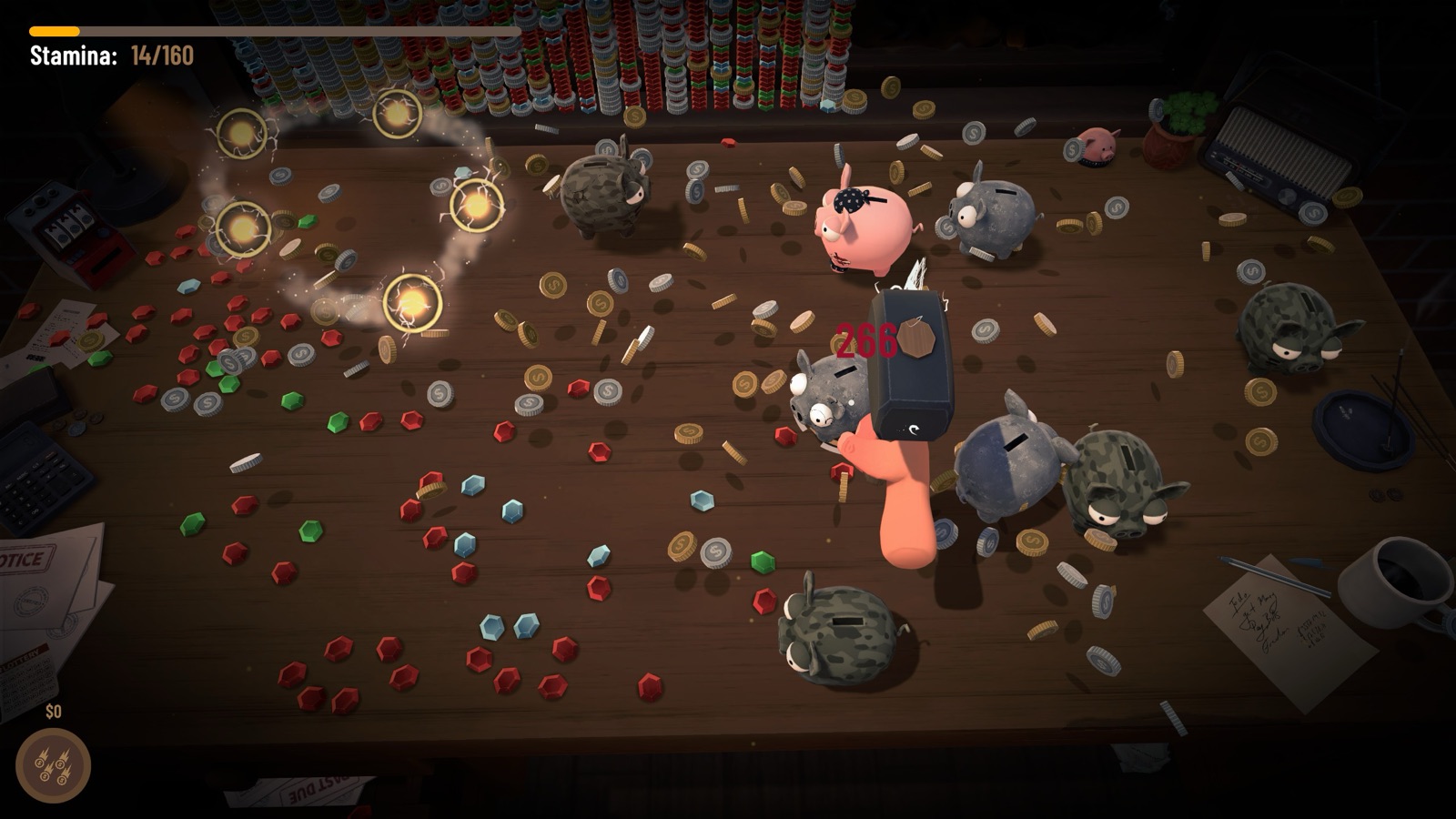 Stamina at 14/160 and $0 after paying a bill — the day is about to end, and the camo pigs are the tough ones
